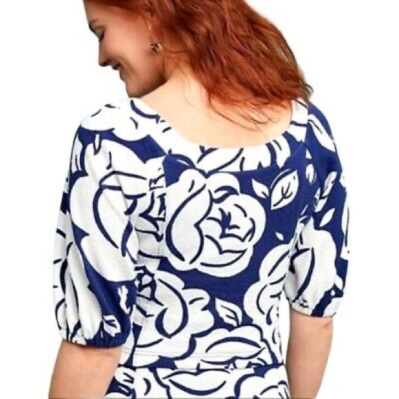 Anthropologie Maeve Amiens Blue & White Floral Puffed Sleeve Cropped Blouse - Picture 5 of 10